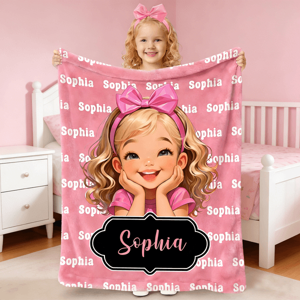 Personalized Multicolor Cute Cartoon Girl Character Soft Throw Blanket with Name Home Decor Birthday Gift for Girls