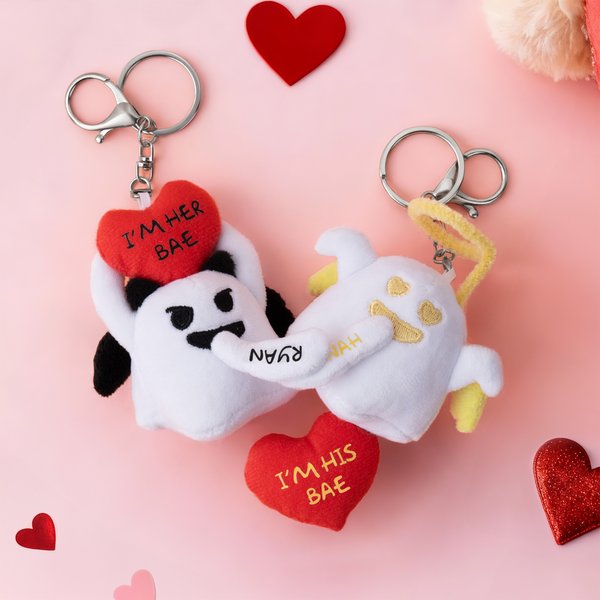 Personalised Love Heart Glow-In-The-Dark Cute Boo Plush Angel Devil Keychain with Name and Text Valentine's Day Gift for Couples