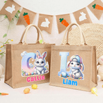 Personalized Cute Bunny Easter Eggs Jute Tote Bag with Initial and Name Egg Hunting Accessories Easter Party Favors for Boys Girls