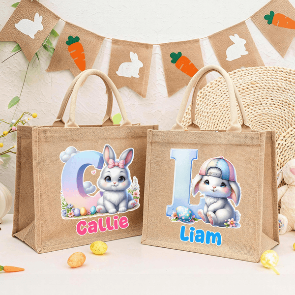 Personalized Cute Bunny Easter Eggs Jute Tote Bag with Initial and Name Egg Hunting Accessories Easter Party Favors for Boys Girls