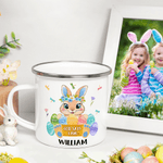 Personalized God Says I Am Cute Easter Bunny 12 oz Colored Rim Enamel Mug with Name Easter Birthday Gift for Boys Girls