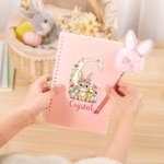 Personalized Cute Bunny Floral Initial A5 Spiral Lined Notebook and Pom Puff Pen Set with Name Daily Use Easter Gift for Boys Girls