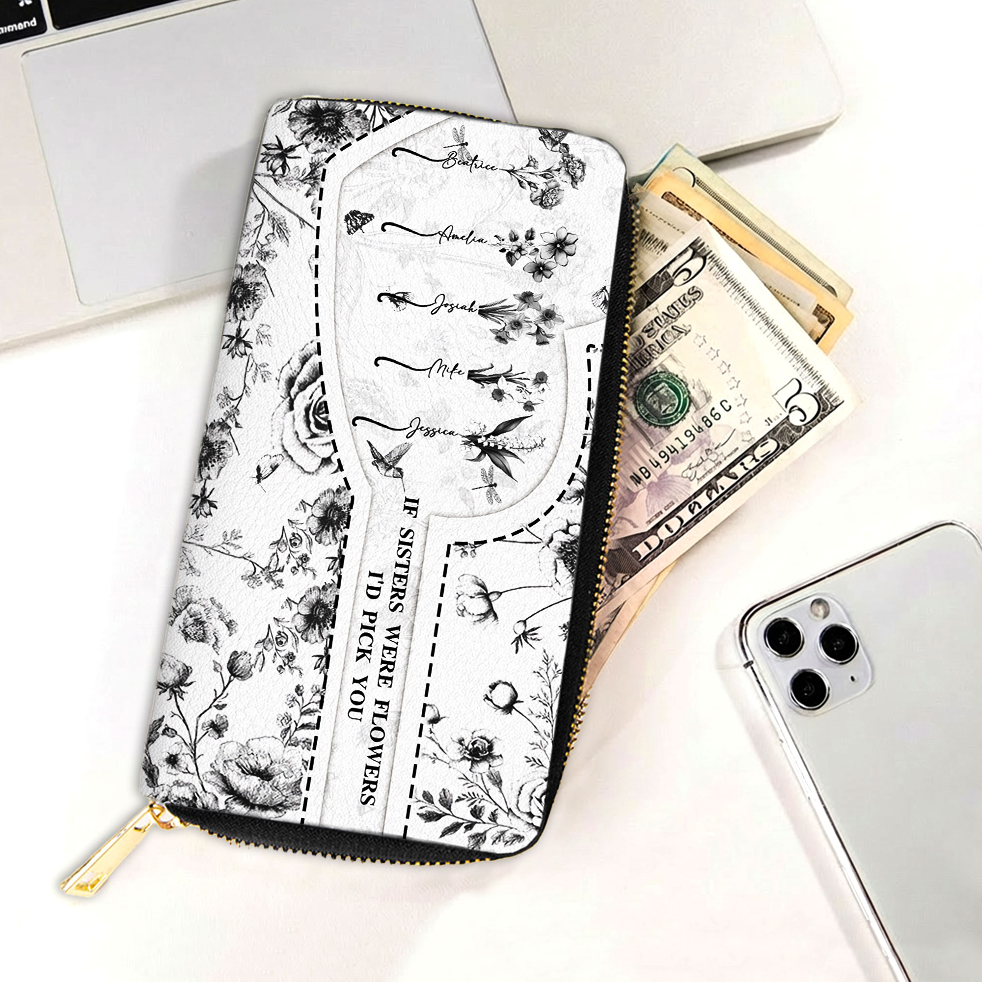 Portefeuille personnalisé Toile de Jouy Fleur de naissance avec 1-5 noms et compartiments multiples Cadeau d'anniversaire pour les amis