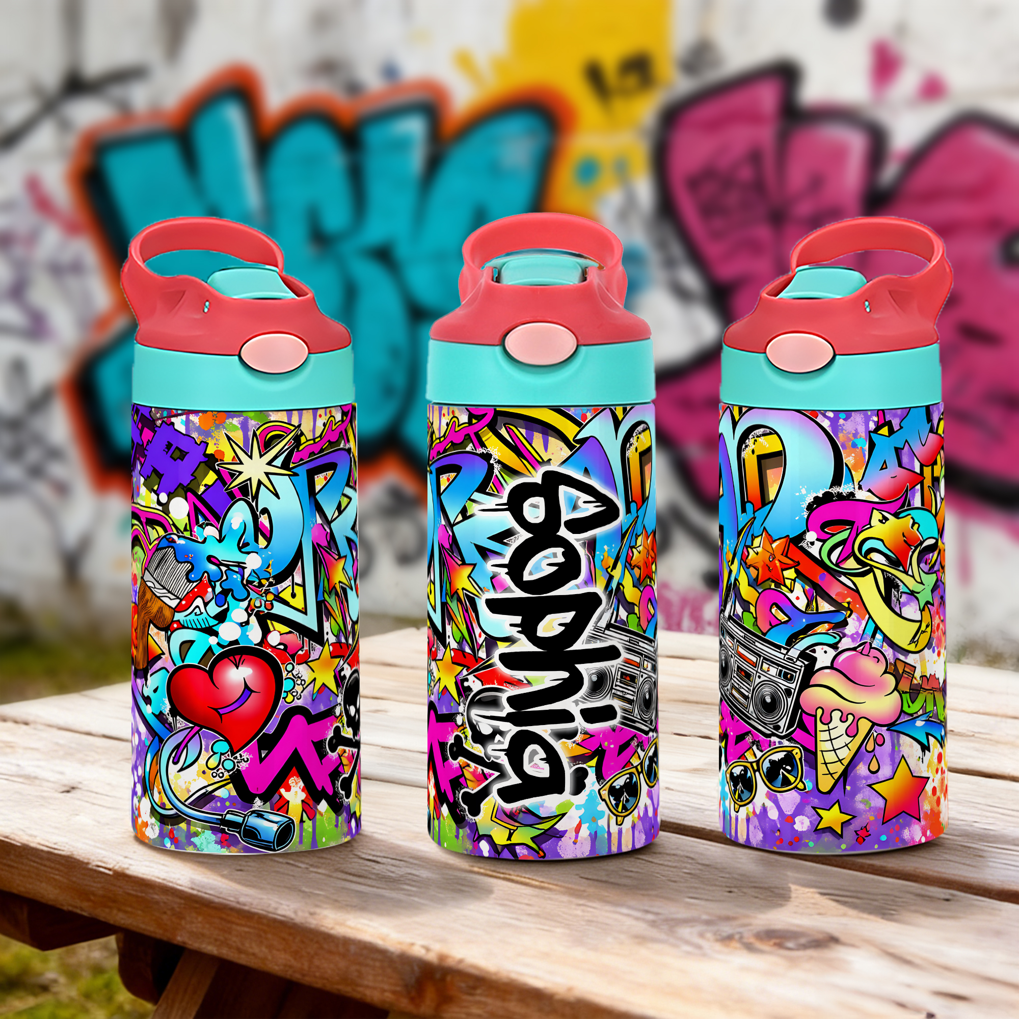 Bouteille d'eau isotherme 12 oz avec nom et paille Personnalisée Graffiti Style pour enfants Cadeau d'anniversaire de rentrée pour garçons filles
