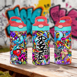 Personalisierte Graffiti Stil 12 oz isoliert Kind Wasserflasche mit Namen und Stroh zurück zu Schule Geburtstag Geschenk für Jungen Mädchen