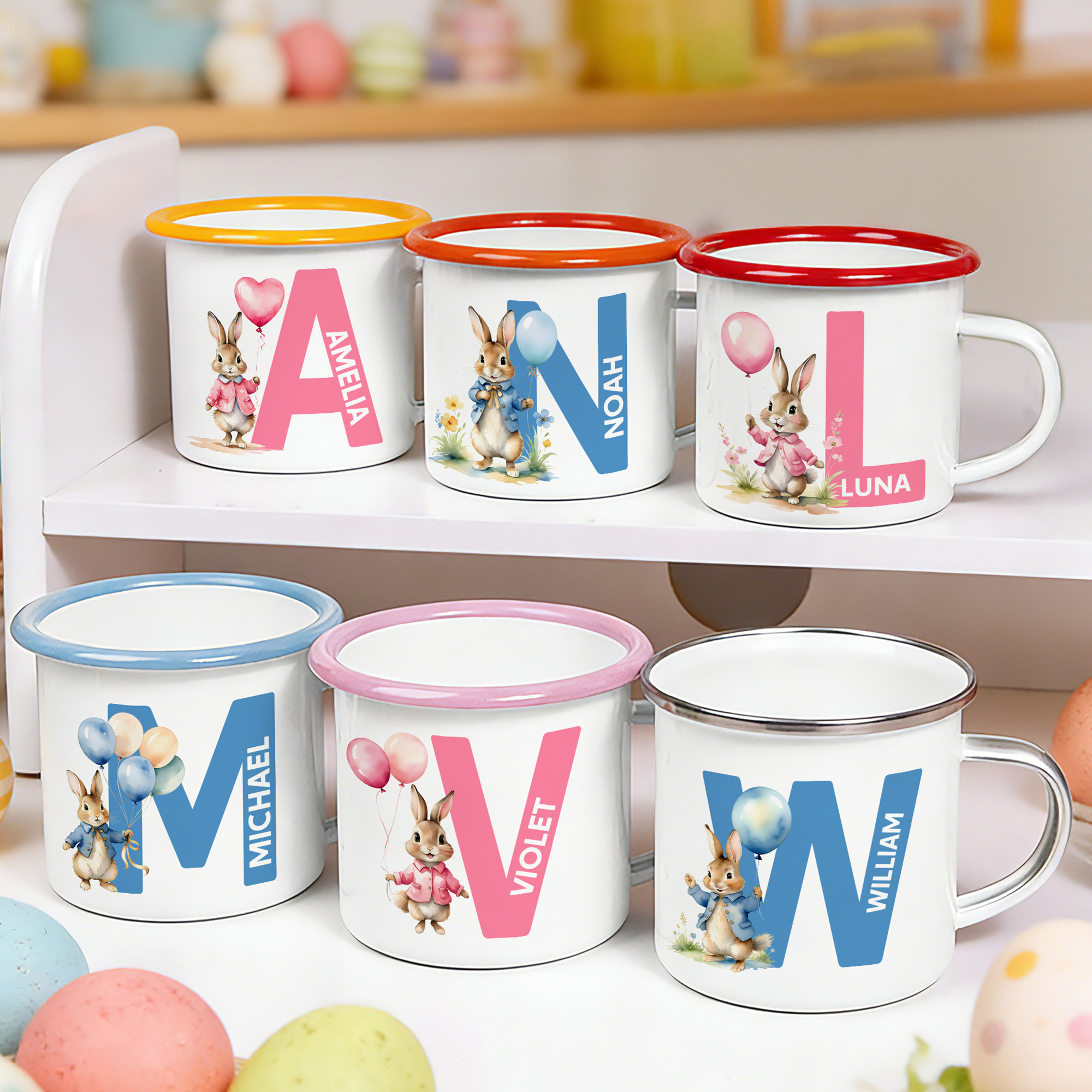 Tasse en émail personnalisée en forme de lapin multicolore avec nom et initiales Cadeau de Pâques pour garçons et filles