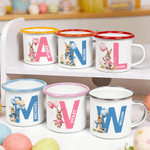 Personalised Multi-Colour Watercolour Rabbit 12 oz Enamel Mug with Name and Initial Daily Use Easter Gift for Boys Girls