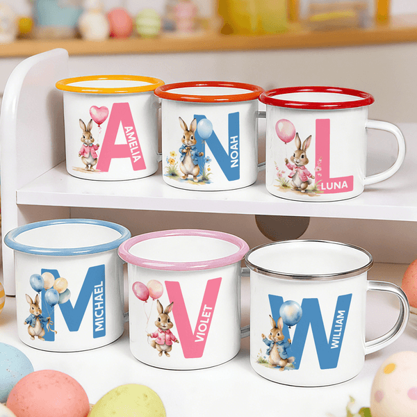 Personalized Multi-Color Watercolor Rabbit 12 oz Enamel Mug with Name and Initial Daily Use Easter Gift for Boys Girls