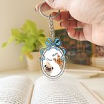 Porte-clés photo d'animal de compagnie avec nom, peinture à l'huile et aquarelle, noeud multicolore personnalisé Cadeau d'anniversaire pour les propriétaires d'animaux de compagnie