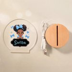 Personalised Bow Cute Cartoon Little Girl LED Acrylic Night Light with Name and Wooden Base Home Decor Birthday Gift for Black Girl