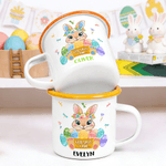 Personalized God Says I Am Cute Easter Bunny 12 oz Colored Rim Enamel Mug with Name Easter Birthday Gift for Boys Girls