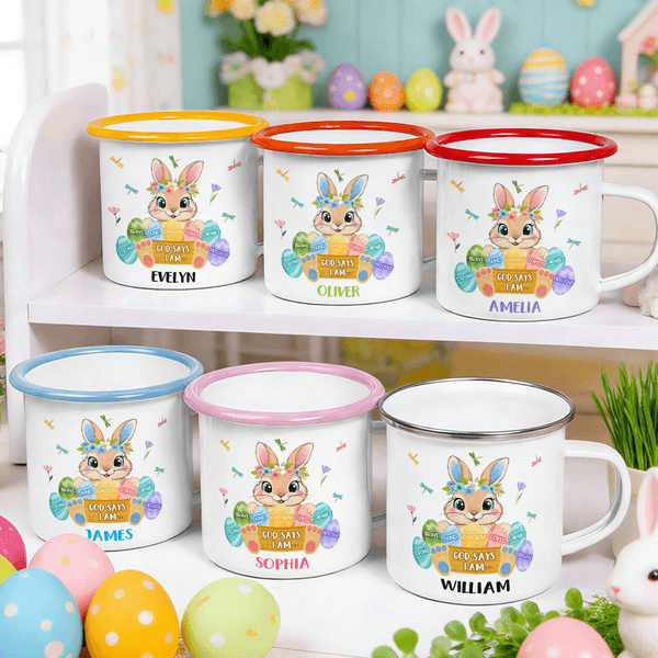 Personalized God Says I Am Cute Easter Bunny 12 oz Colored Rim Enamel Mug with Name Easter Birthday Gift for Boys Girls