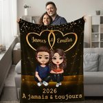 Couverture douce double cœur personnalisée avec personnages de dessin animé noms et année - Cadeau Saint-Valentin anniversaire pour couple