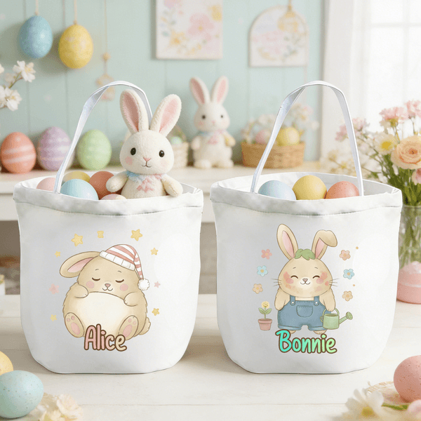 Personalized Cute Easter Rabbit Large Capacity Canvas Easter Basket with Name Eggs Hunting Party Easter Day Gift for Kids