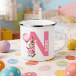 Personalised Multi-Colour Watercolour Rabbit 12 oz Enamel Mug with Name and Initial Daily Use Easter Gift for Boys Girls
