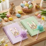 Personalized Cute Bunny Floral Initial A5 Spiral Lined Notebook and Pom Puff Pen Set with Name Daily Use Easter Gift for Boys Girls