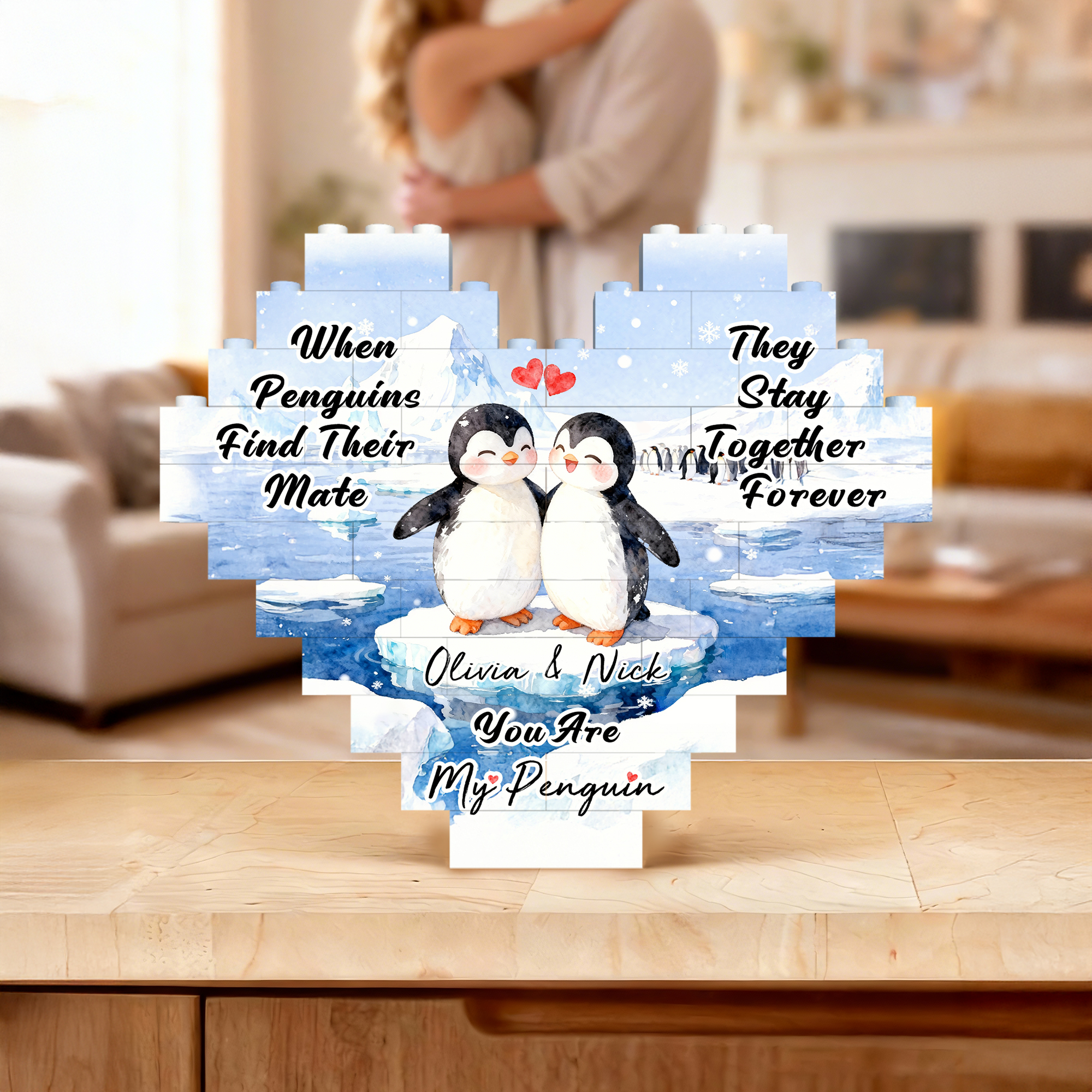 Puzzle de construction en forme de coeur pour couple de pingouins personnalisé Cadeau de St Valentin pour couple