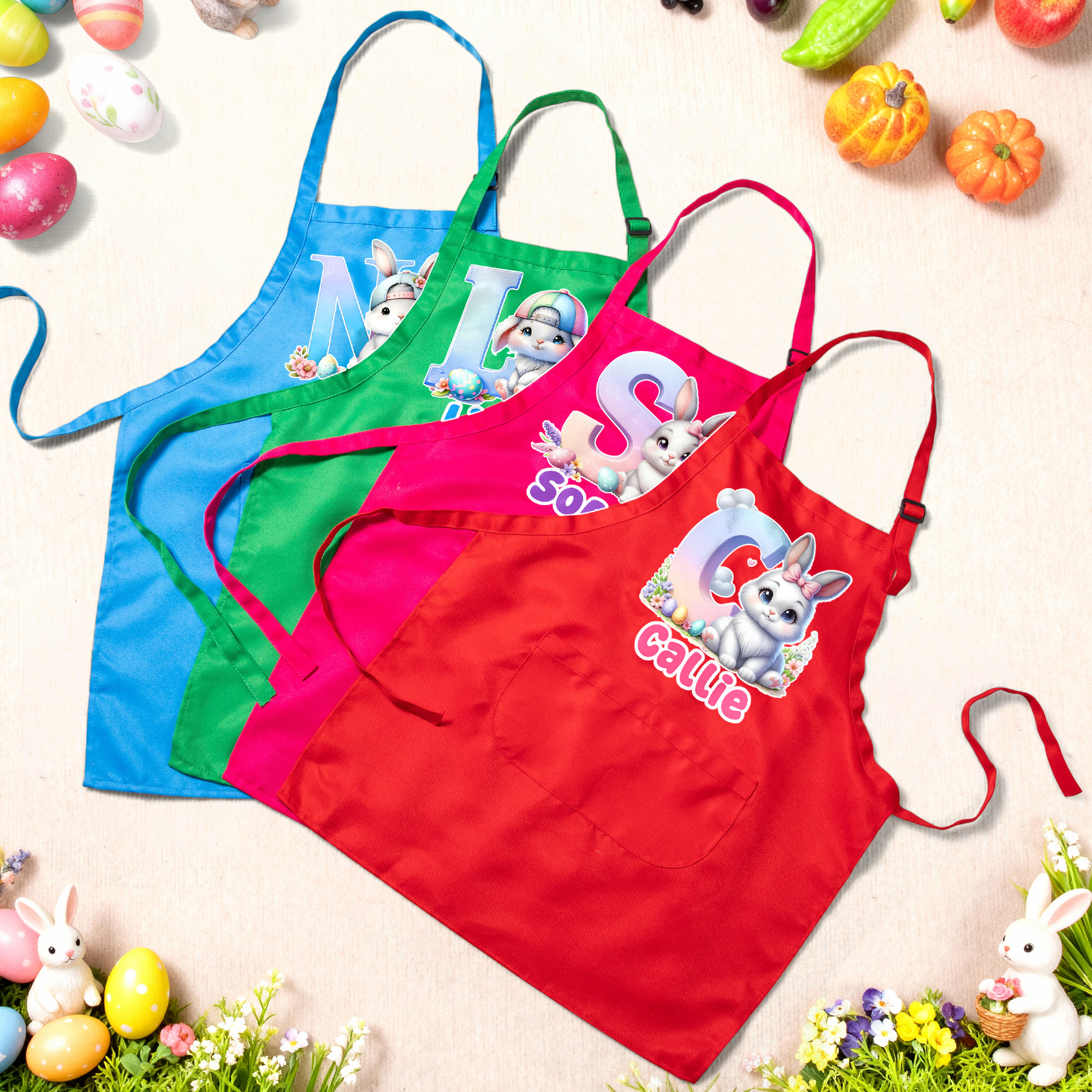 Tablier réglable pour enfant avec nom et poche Accessoire de cuisine Cadeau de Pâques pour Garçons Filles