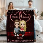 Couverture douce double cœur personnalisée avec personnages de dessin animé noms et année - Cadeau Saint-Valentin anniversaire pour couple