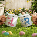 Personalised Multi-Colour Watercolour Rabbit 12 oz Enamel Mug with Name and Initial Daily Use Easter Gift for Boys Girls