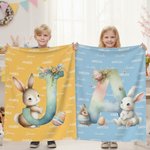 Personalized Cute Easter Bunny Egg Soft Throw Blanket with Name and Initial Home Decor Easter Party Gift for Kids