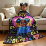 Personalized Heart Shape Cute African Girl Soft Throw Blanket with Name Back-To-School Birthday Gift for Girls