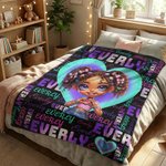Personalized Heart Shape Cute African Girl Soft Throw Blanket with Name Back-To-School Birthday Gift for Girls
