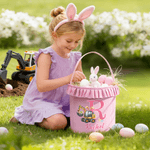 Personalisierte niedliche Bagger Kaninchenohren Osterei Plaid Osterkorb mit Initial und Name Ostereiersuche Geschenk für Jungen Mädchen