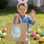 Personalised He Is Risen Cross Sheep Jute Tote Bag with Name Egg Hunting Accessories Easter Gift for Boys Girls