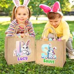 Personalized Cute Bunny Easter Eggs Jute Tote Bag with Initial and Name Egg Hunting Accessories Easter Party Favors for Boys Girls