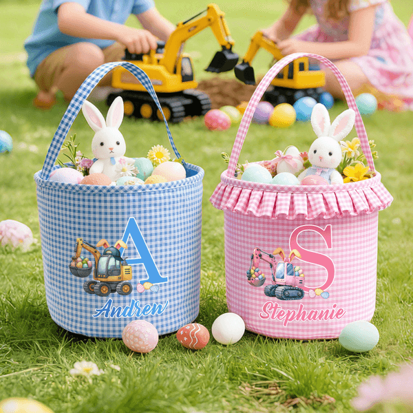 Personalisierte niedliche Bagger Kaninchenohren Osterei Plaid Osterkorb mit Initial und Name Ostereiersuche Geschenk für Jungen Mädchen