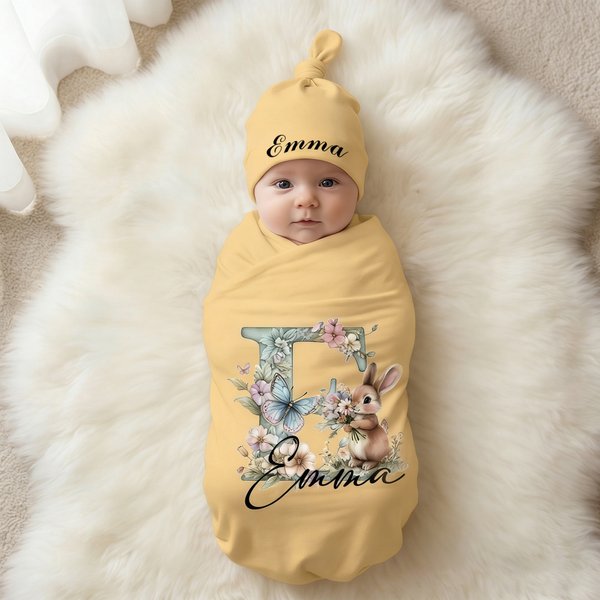 Personalisierte niedlichen Blumenstrauß Hase 100% Baumwolle wickeln Decke und Hut Set mit Namen Ostern Geburtstag Baby Dusche Geschenk für Neugeborene Babys