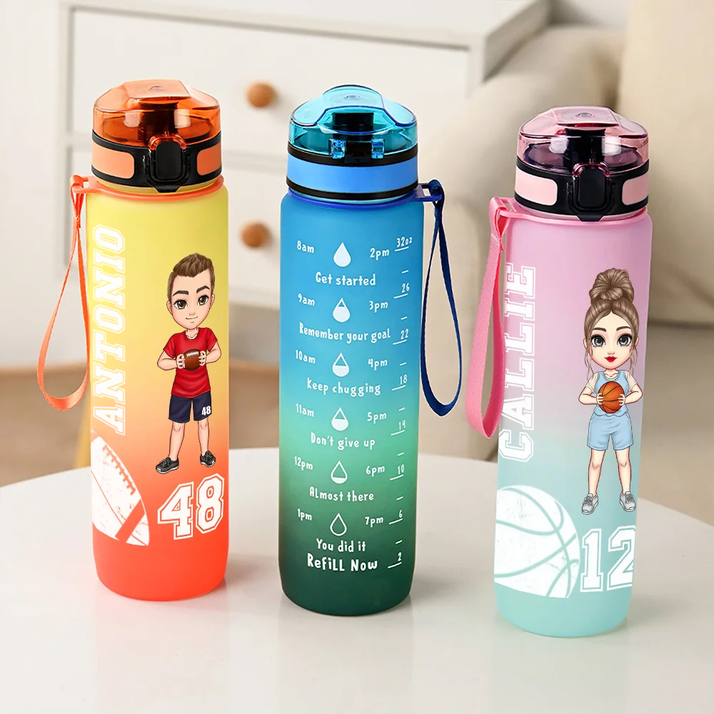 Botella deportiva personalizada de 1000 ml con personaje de dibujos animados nombre y número regalo de cumpleaños para amantes del fútbol