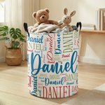 Personalized Word Cloud Name Laundry Storage Basket with Handle Bathroom Nursery Decoration Housewarming Birthday Gift for Family Kids
