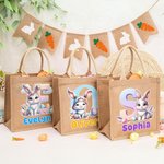 Personalized Cute Bunny Easter Eggs Jute Tote Bag with Initial and Name Egg Hunting Accessories Easter Party Favors for Boys Girls
