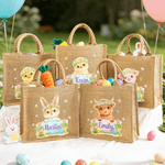 Personalized Cute Wreath Easter Bunny Highland Cow Large Jute Tote Bag with Name Easter Party Gift for Boys Girls