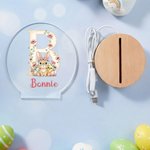 Veilleuse LED en acrylique avec nom et socle en bois personnalisée Lapin floral initial Décoration de la chambre d'enfant Cadeau d'anniversaire de Pâques pour les enfants