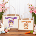 Personalized  Happy Easter Leopard Cartoon Rabbit Large Capacity Jute Tote Bag with Name Egg Hunting Accessories Easter Gift for Kids