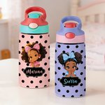 Personalized Polka Dot Cute Cartoon Black Girl Name 12 oz 16 oz Water Bottle with Straw and Handle Back to School Birthday Gift for Girls