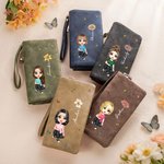 Personalized Cartoon Girl Women Character Birth Flower PU Leather Wristlet Wallet with Name and Multiple Card Slots Birthday Anniversary Gift for Her