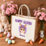 Personalized  Happy Easter Leopard Cartoon Rabbit Large Capacity Jute Tote Bag with Name Egg Hunting Accessories Easter Gift for Kids