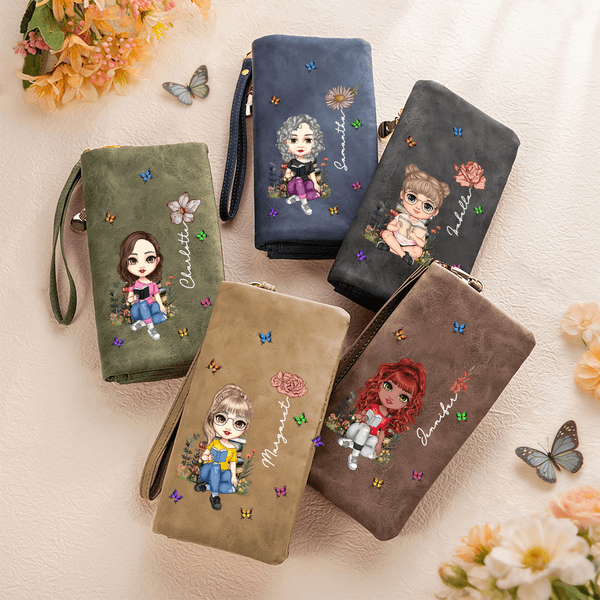Personalised Cartoon Character Birth Flower Butterfly Wristlet Wallet with Name Daily Use Birthday Gift for Women Book Lovers