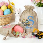 Personalized Cute Bunny Ears Excavator Initial Drawstring Candy Gift Bag with Name Easter Holiday Party Favors Gift for Boys Girls