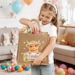 Personalized Cute Wreath Easter Bunny Highland Cow Large Jute Tote Bag with Name Easter Party Gift for Boys Girls
