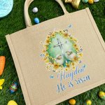 Personalised He Is Risen Cross Sheep Jute Tote Bag with Name Egg Hunting Accessories Easter Gift for Boys Girls