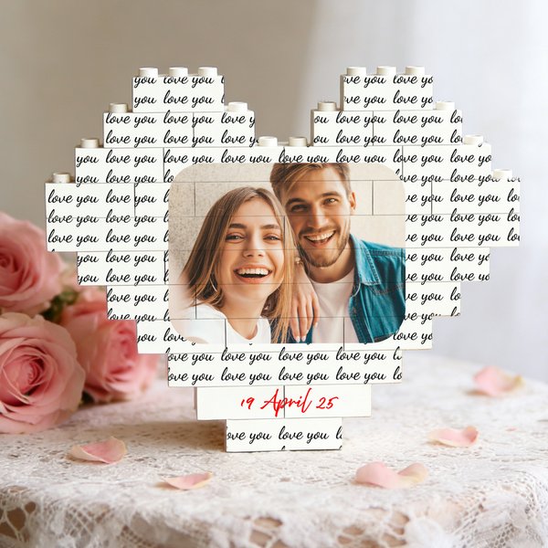 Personalised Love Heart ABS Stand Building Brick Puzzles with Photo and Text Room Decor Anniversary Valentine's Day Gift for Couple