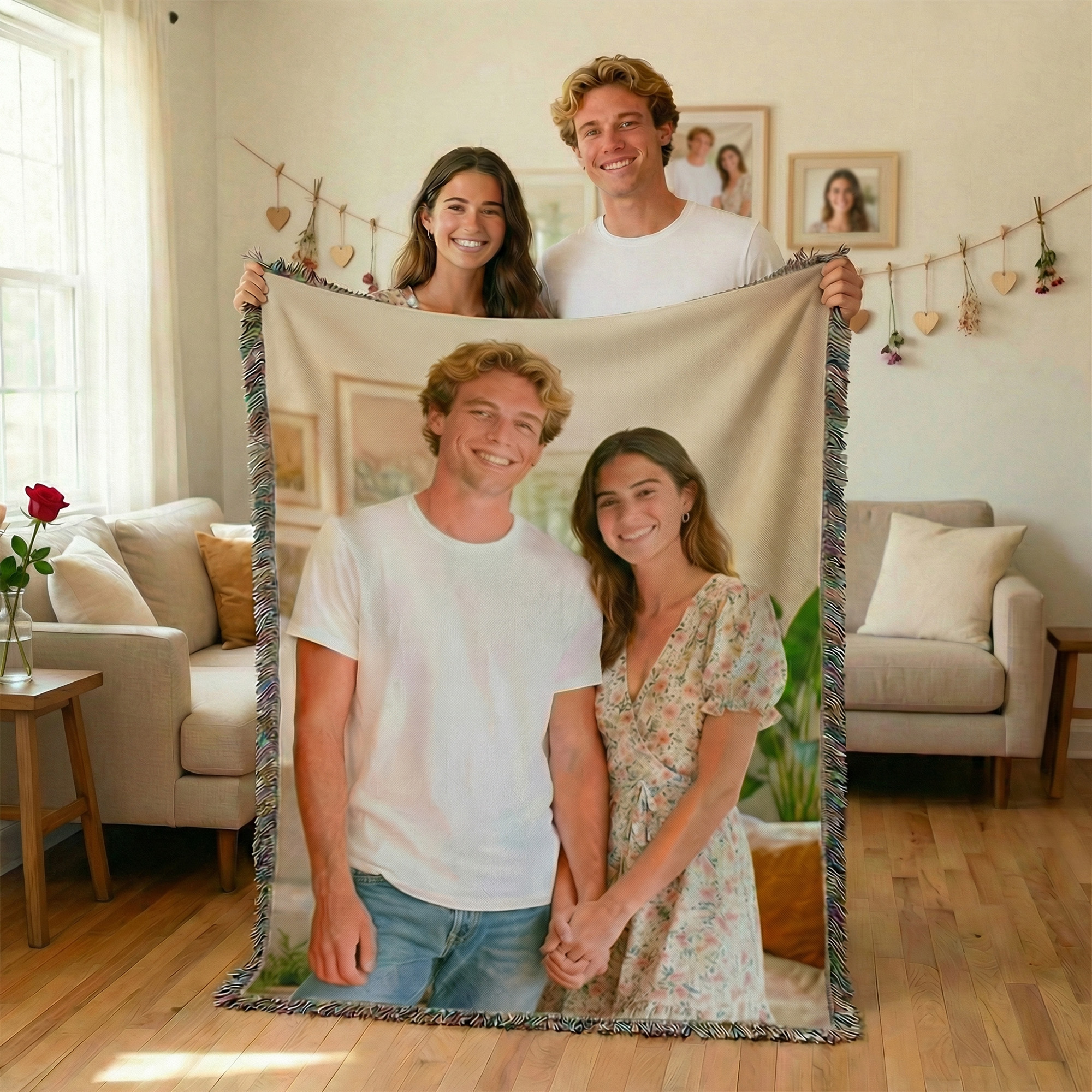 Couverture personnalisée avec motif photo et pompons pour la maison Cadeau d'anniversaire pour la famille et les amis