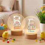 Veilleuse LED en acrylique avec nom et socle en bois personnalisée Lapin floral initial Décoration de la chambre d'enfant Cadeau d'anniversaire de Pâques pour les enfants