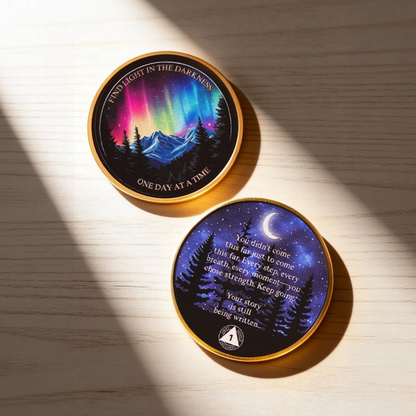 Personalised Northern Lights Sobriety Coin AA Chip with Number and Display Stand Anniversary Gift for Who Celebrate Sobriety Milestones