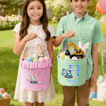 Personalisierte niedliche Bagger Kaninchenohren Osterei Plaid Osterkorb mit Initial und Name Ostereiersuche Geschenk für Jungen Mädchen